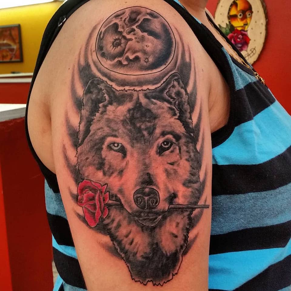 Moonlit Wolf and Rose