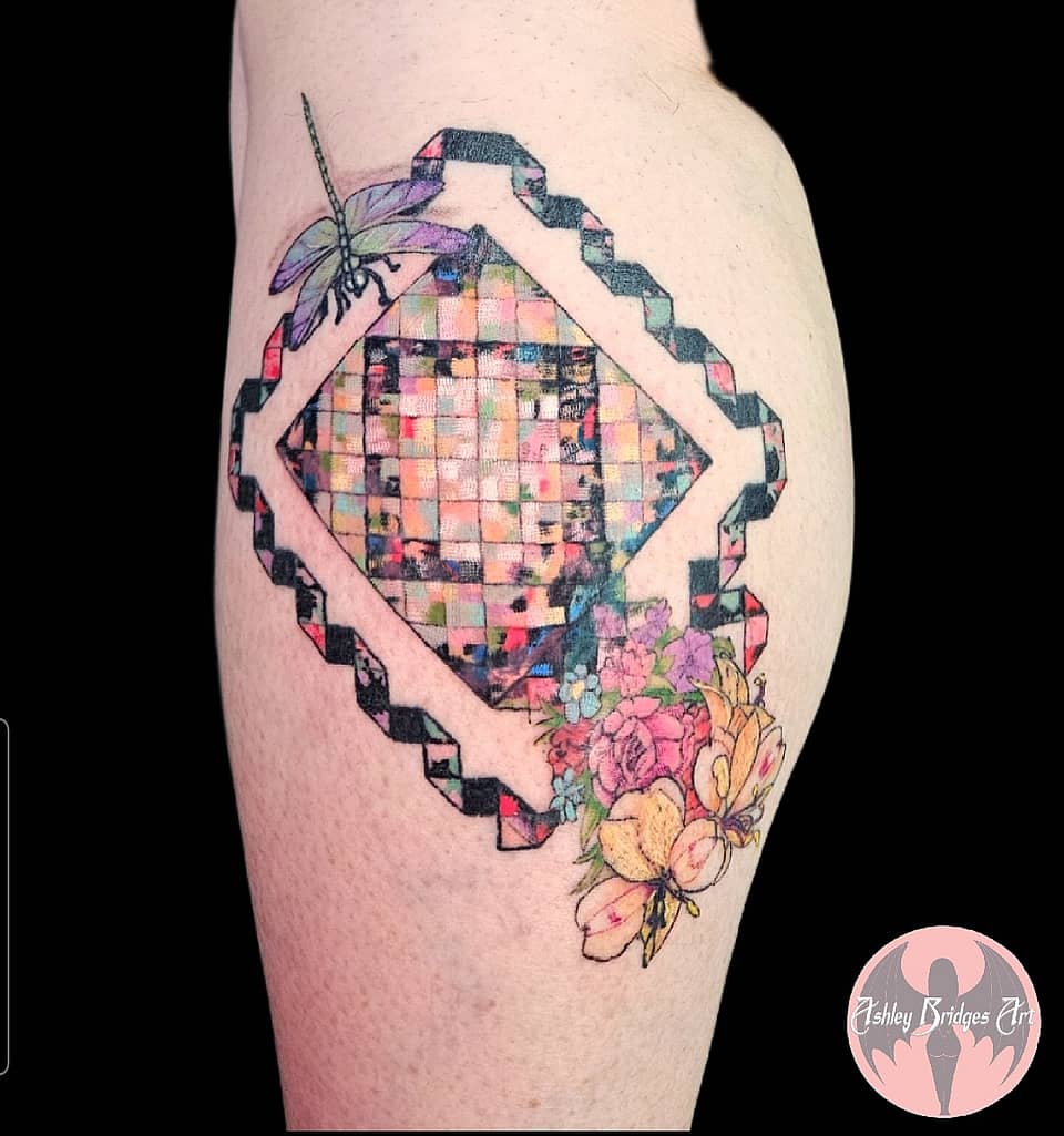 Mosaic Diamond with Dragonfly and Blooms