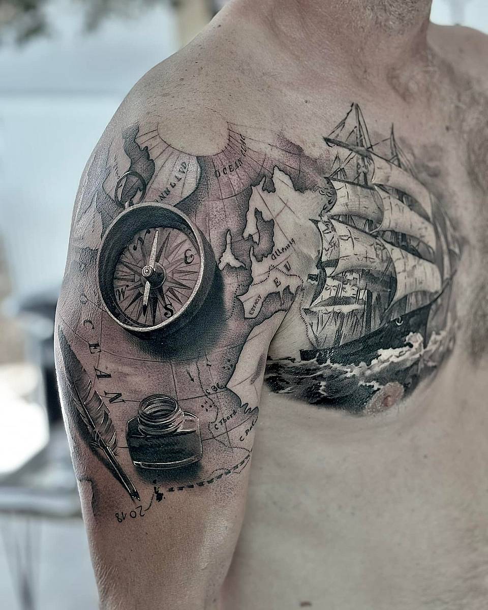 Nautical Compass & Galleon Chest Piece