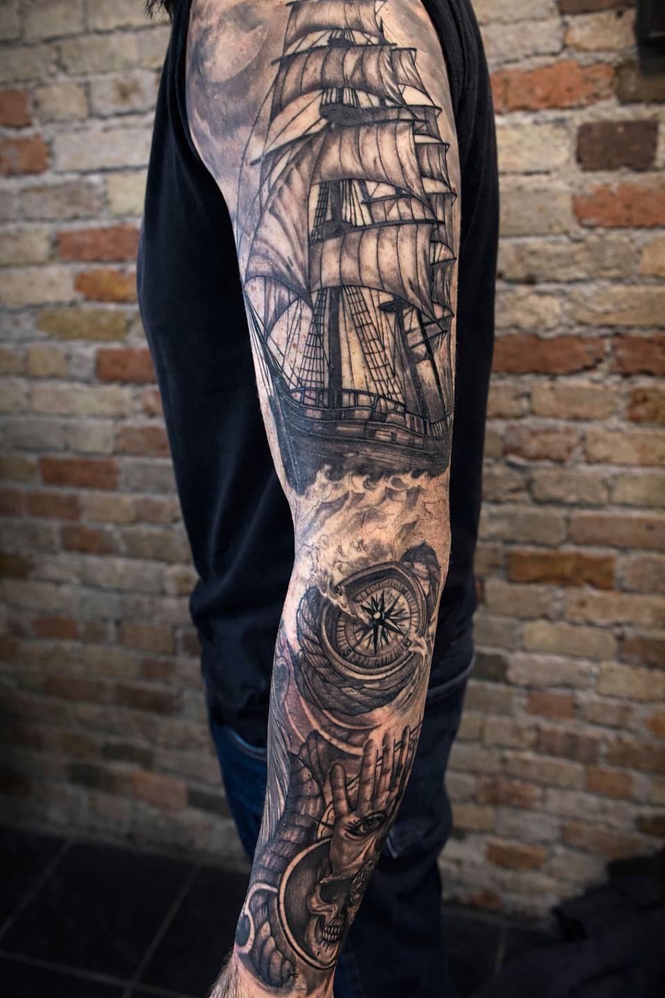 Navigator's Omen: Ship, Compass & Skull Sleeve