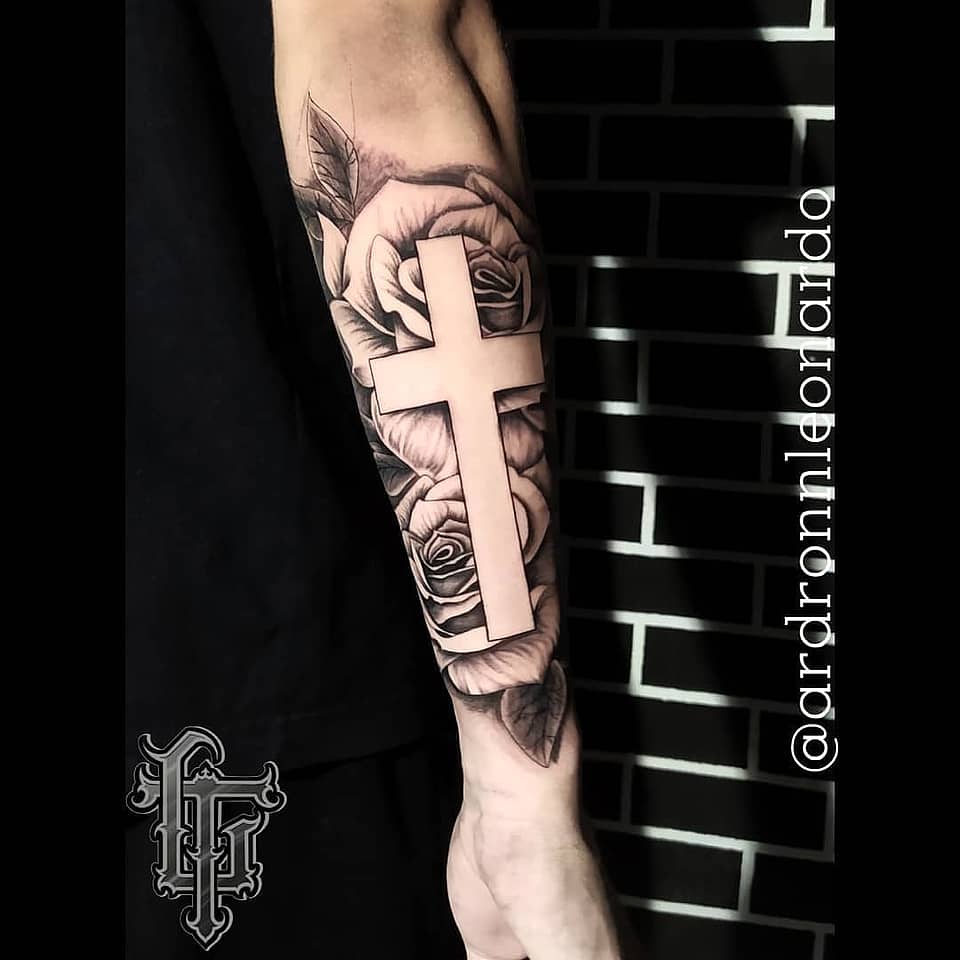 Negative-Space Cross with Roses