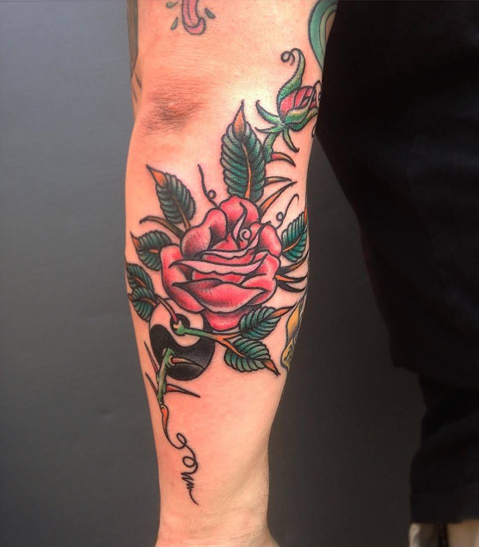 Neo-traditional Red Rose with Thorned Stem
