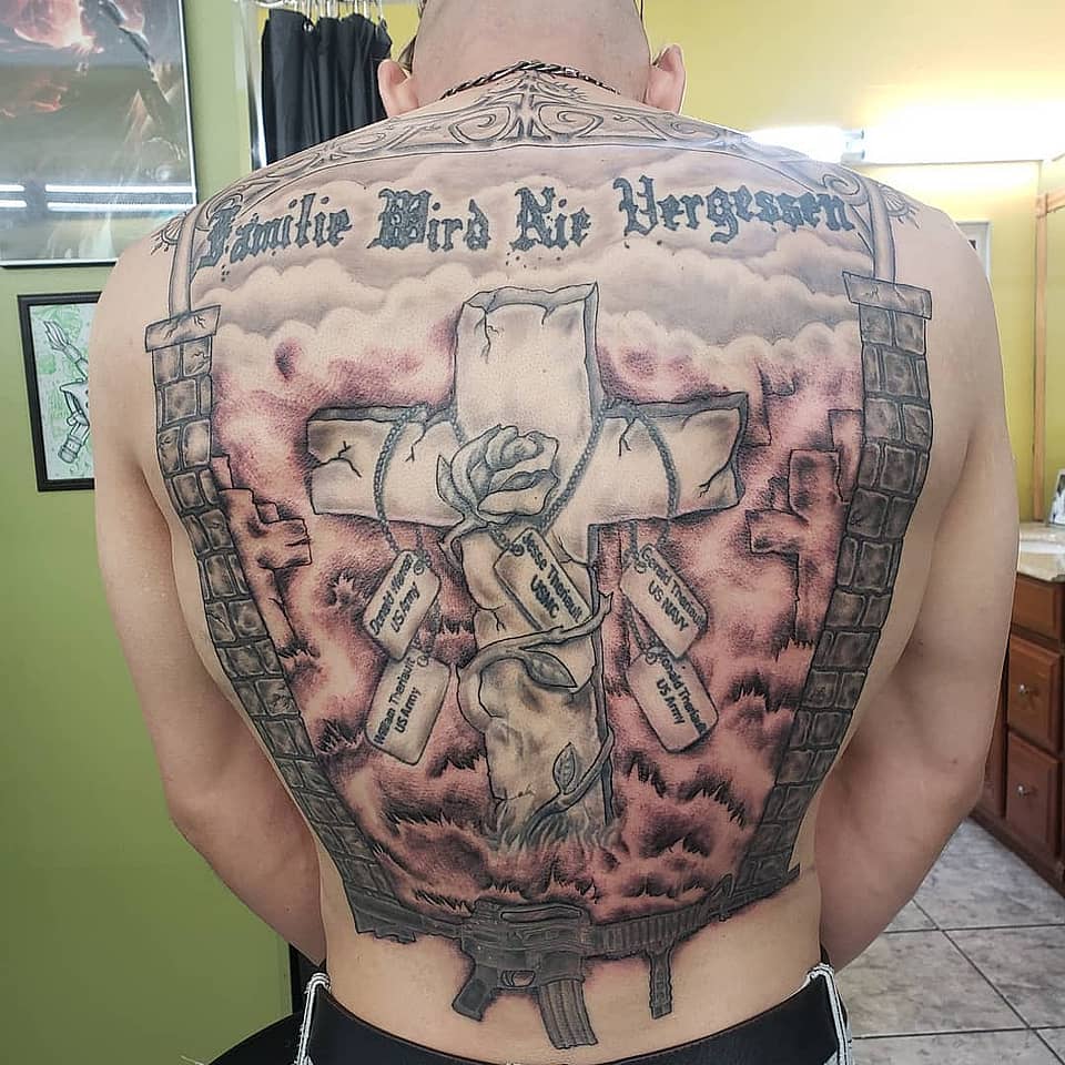 Never Forgotten Cross and Dog Tags Backpiece