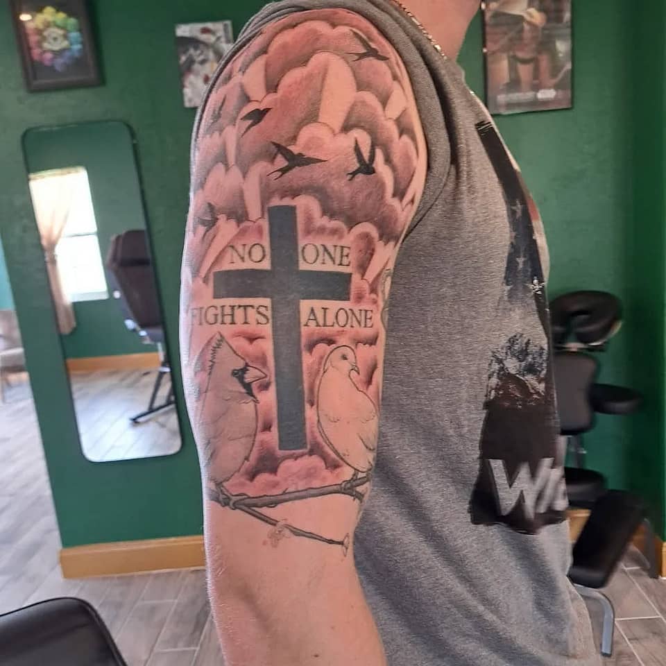 No One Fights Alone Cross and Birds Half Sleeve
