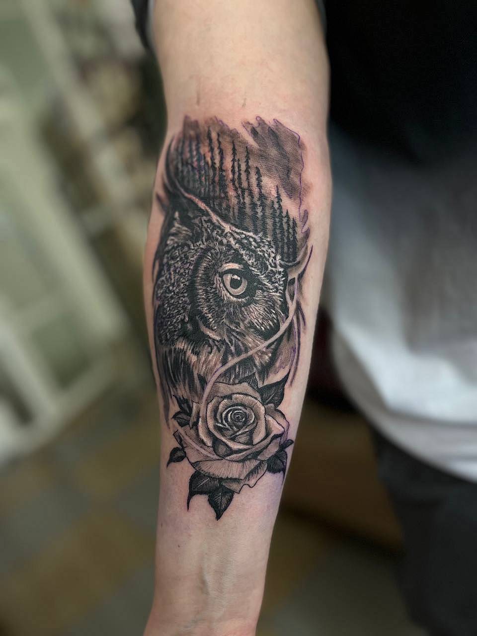 Nocturnal Gaze — Owl & Rose