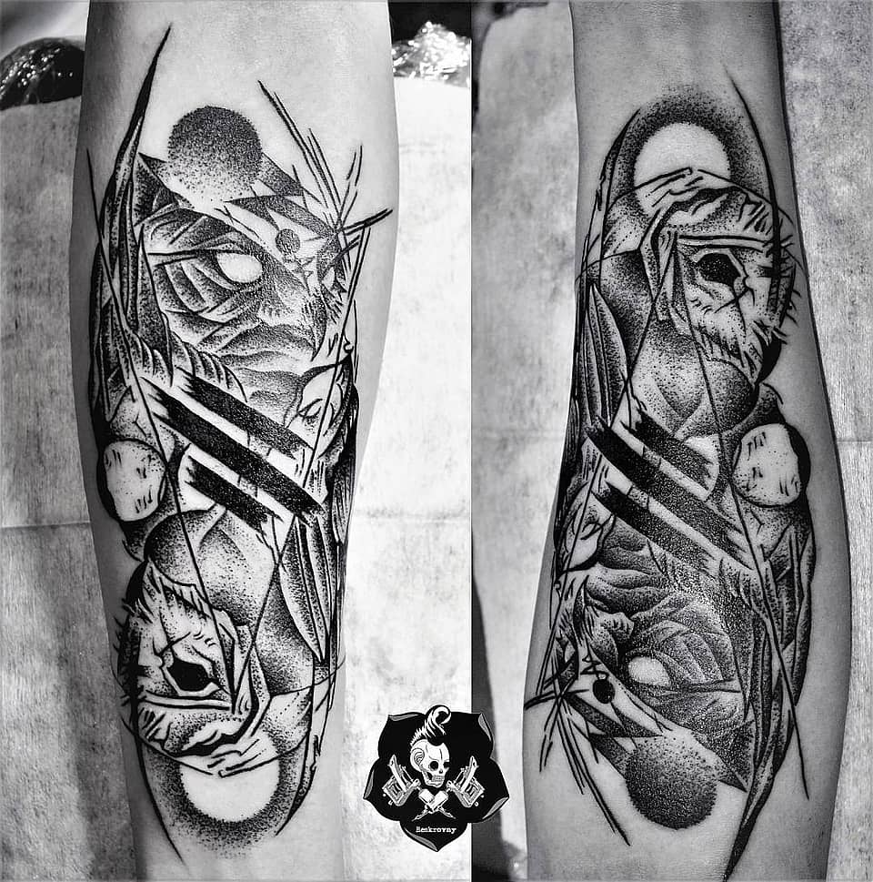 Nocturnal Twin: Blackwork Owl Composition
