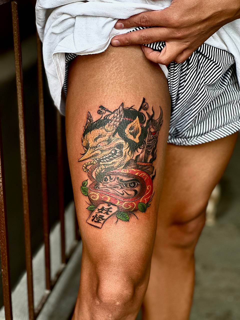 Oni and Daruma Thigh Tattoo