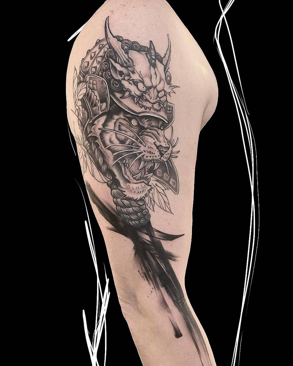 Oni Mask and Roaring Tiger Half-Sleeve