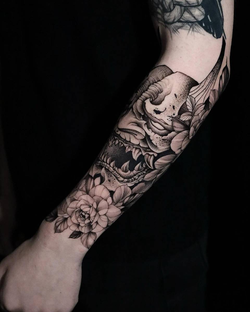 Oni Skull with Camellias