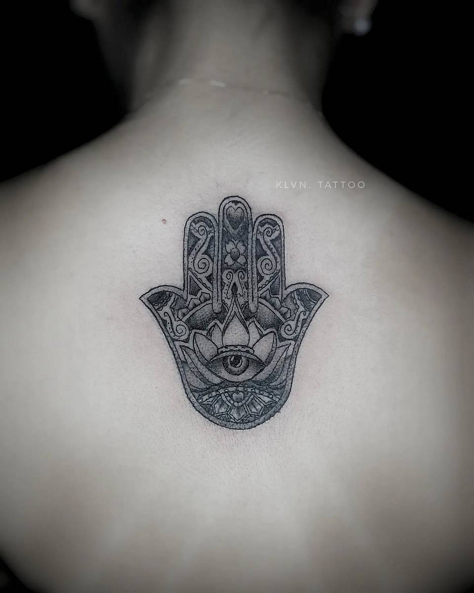 Ornamental Hamsa with All-Seeing Eye and Lotus
