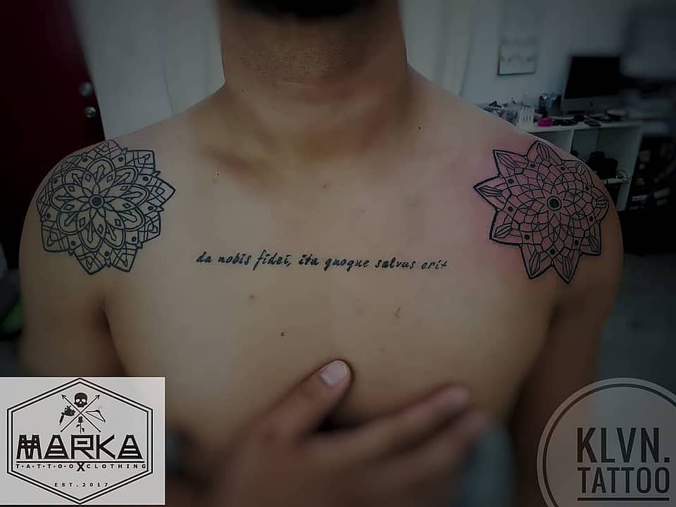 Paired Mandalas with Latin Chest Script