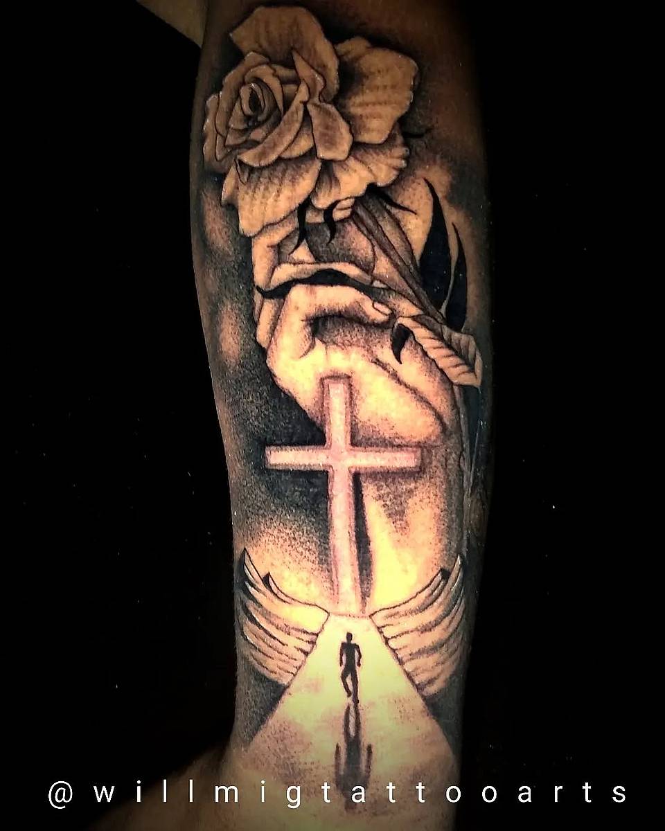 Path of Faith: Rose, Cross, and Wings