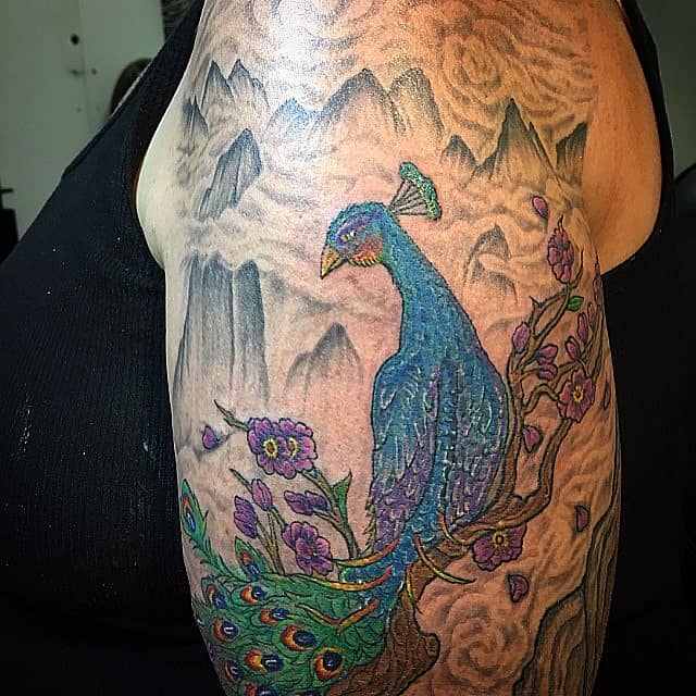 Peacock in Misty Blossoms
