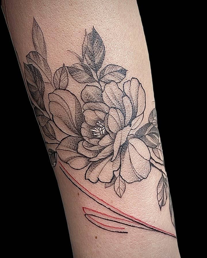 Peony Cluster with Red Line Accent
