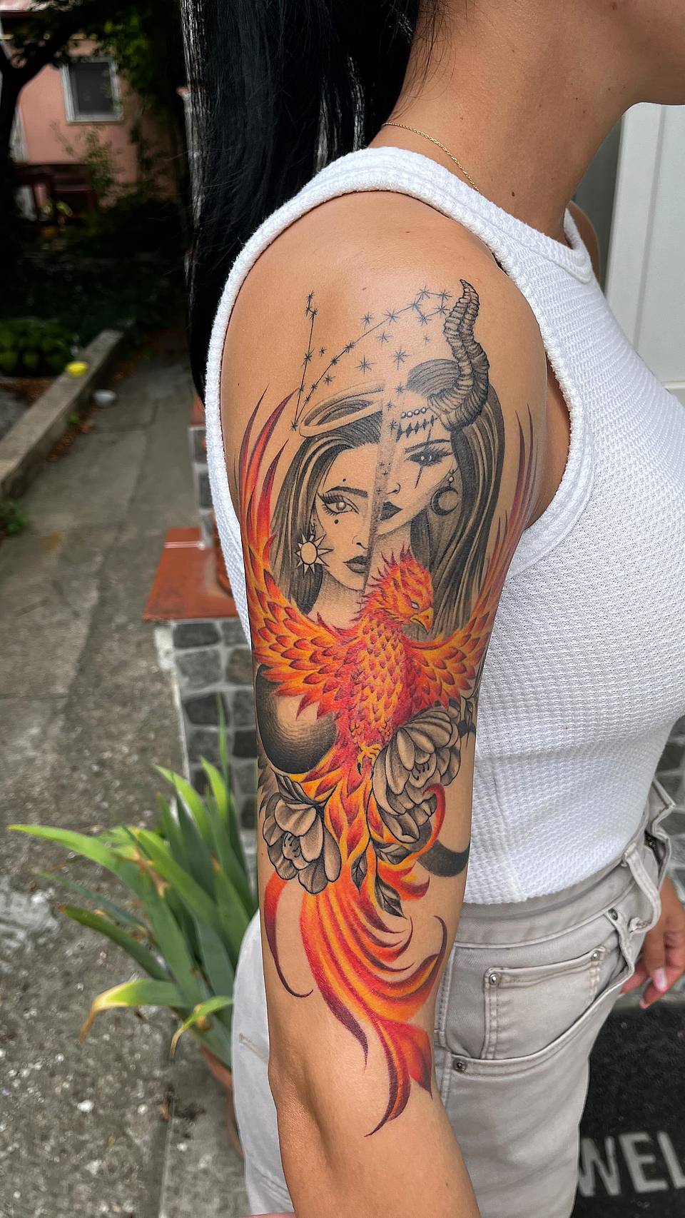Phoenix and Horned Maiden Half Sleeve