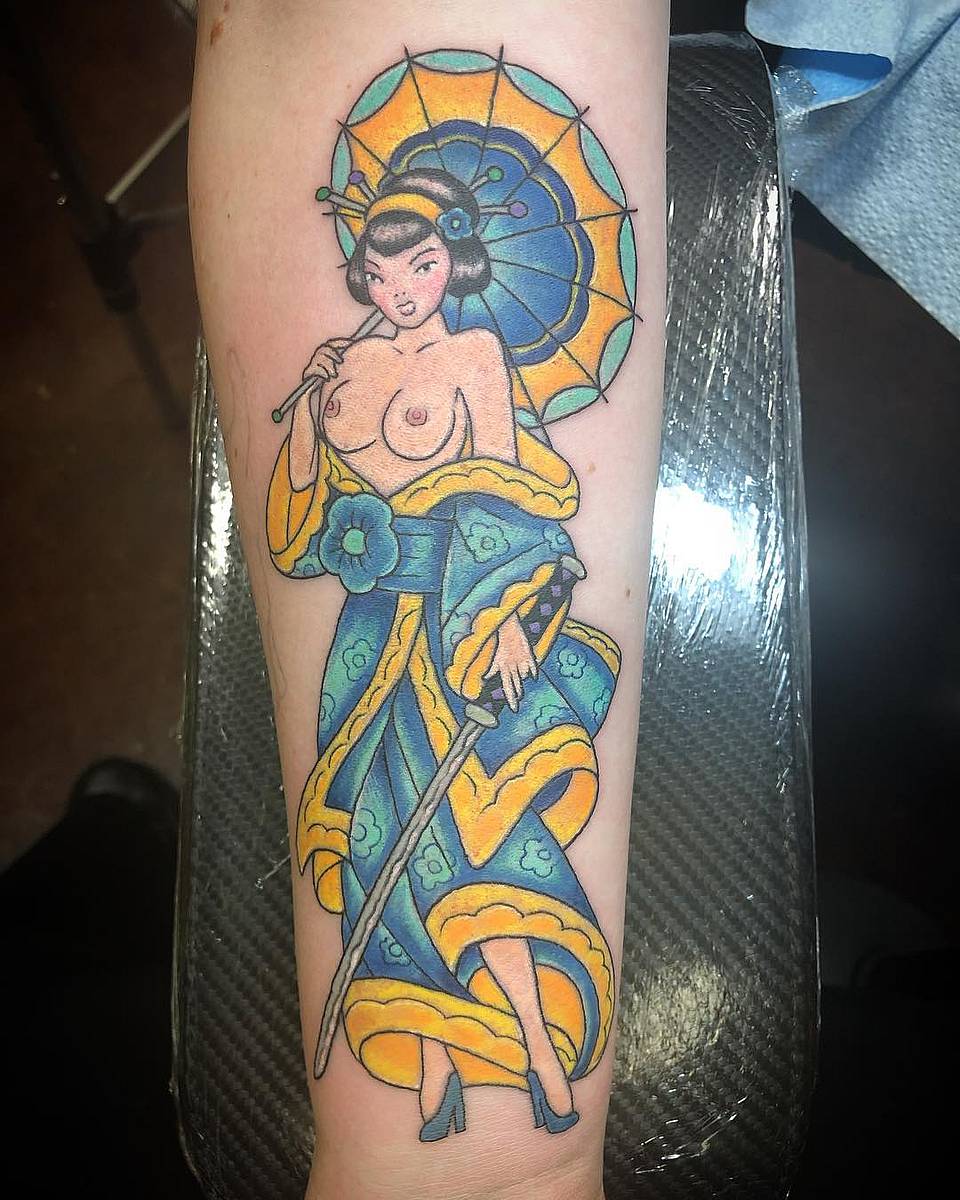 Pin-Up Geisha with Parasol and Katana