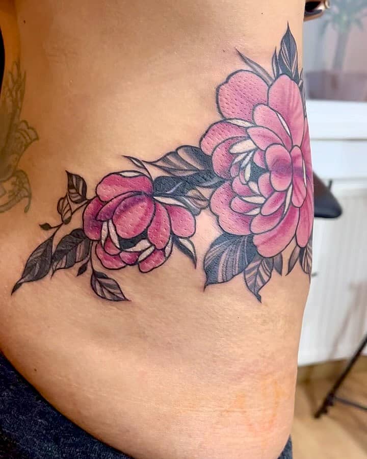Pink Peony Flank Tattoo