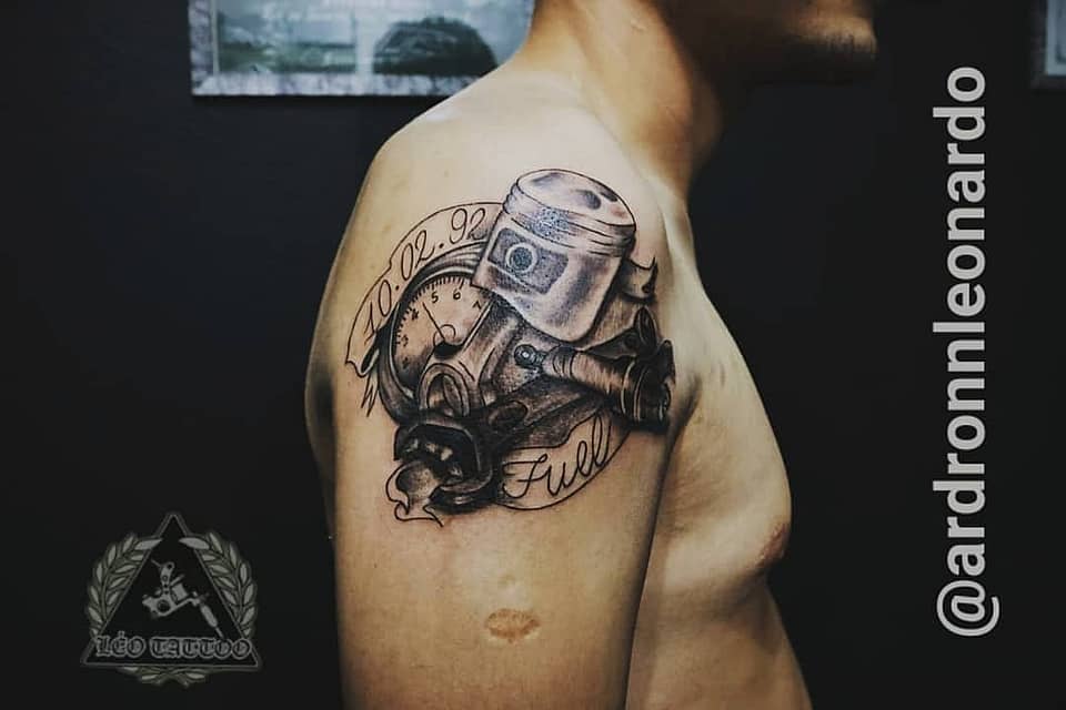 Piston and Fuel Gauge Shoulder Tattoo
