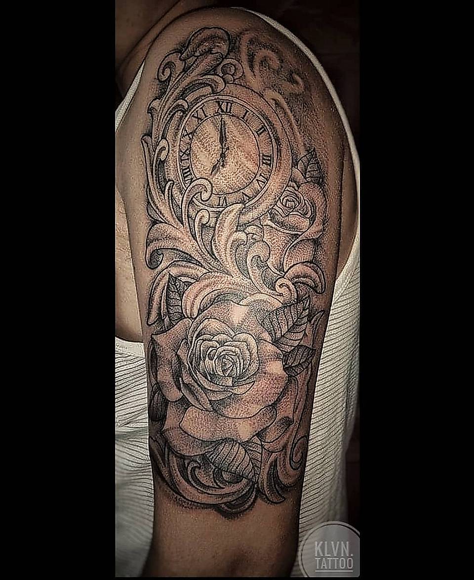 Pocket Watch and Roses Half-Sleeve
