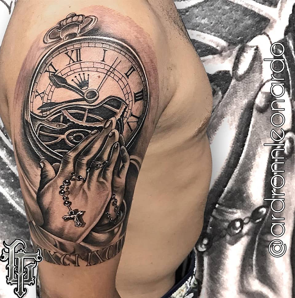 Pocket Watch with Praying Hands and Rosary