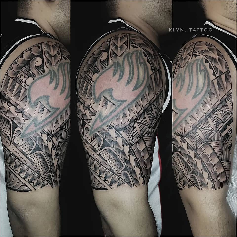 Polynesian Geometric Half‑Sleeve with Phoenix Emblem