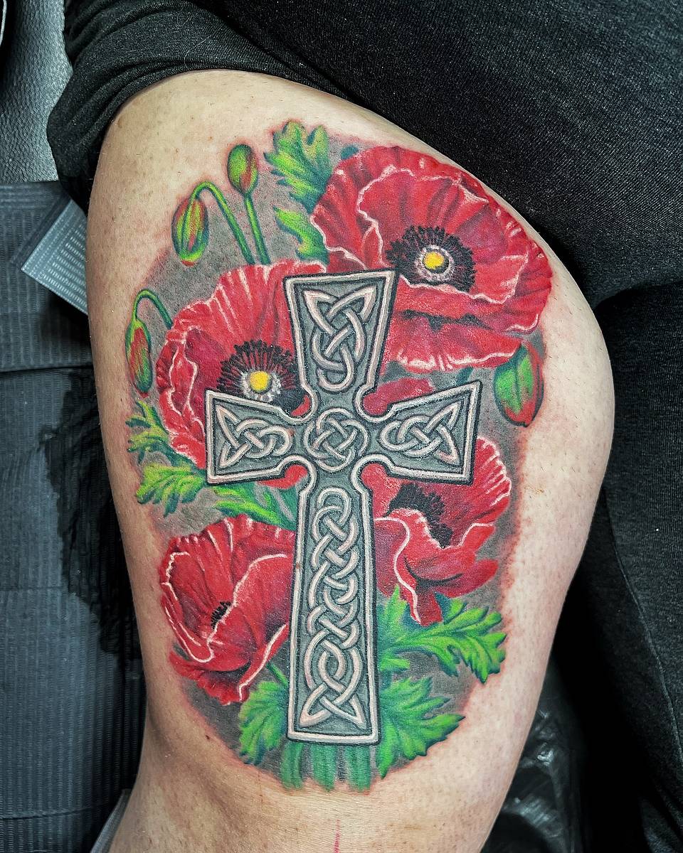 Poppy-Adorned Celtic Cross