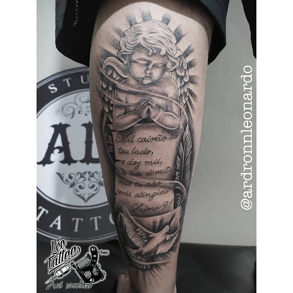 Praying Cherub with Dove and Psalm Scroll