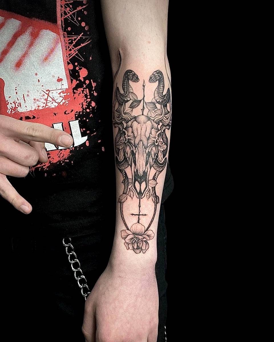 Ram Skull with Serpents and Rose