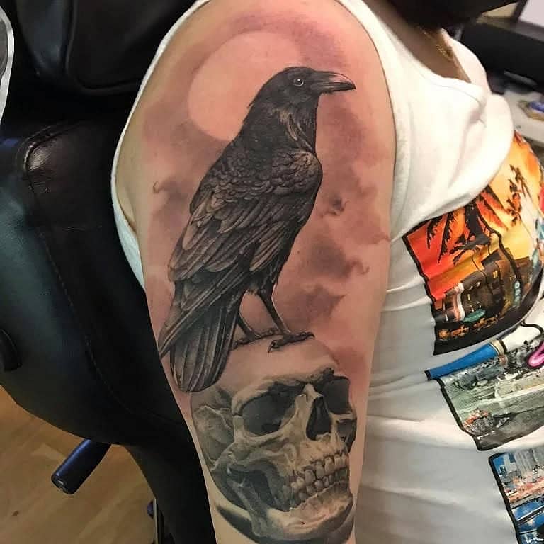 Raven Perched on Skull