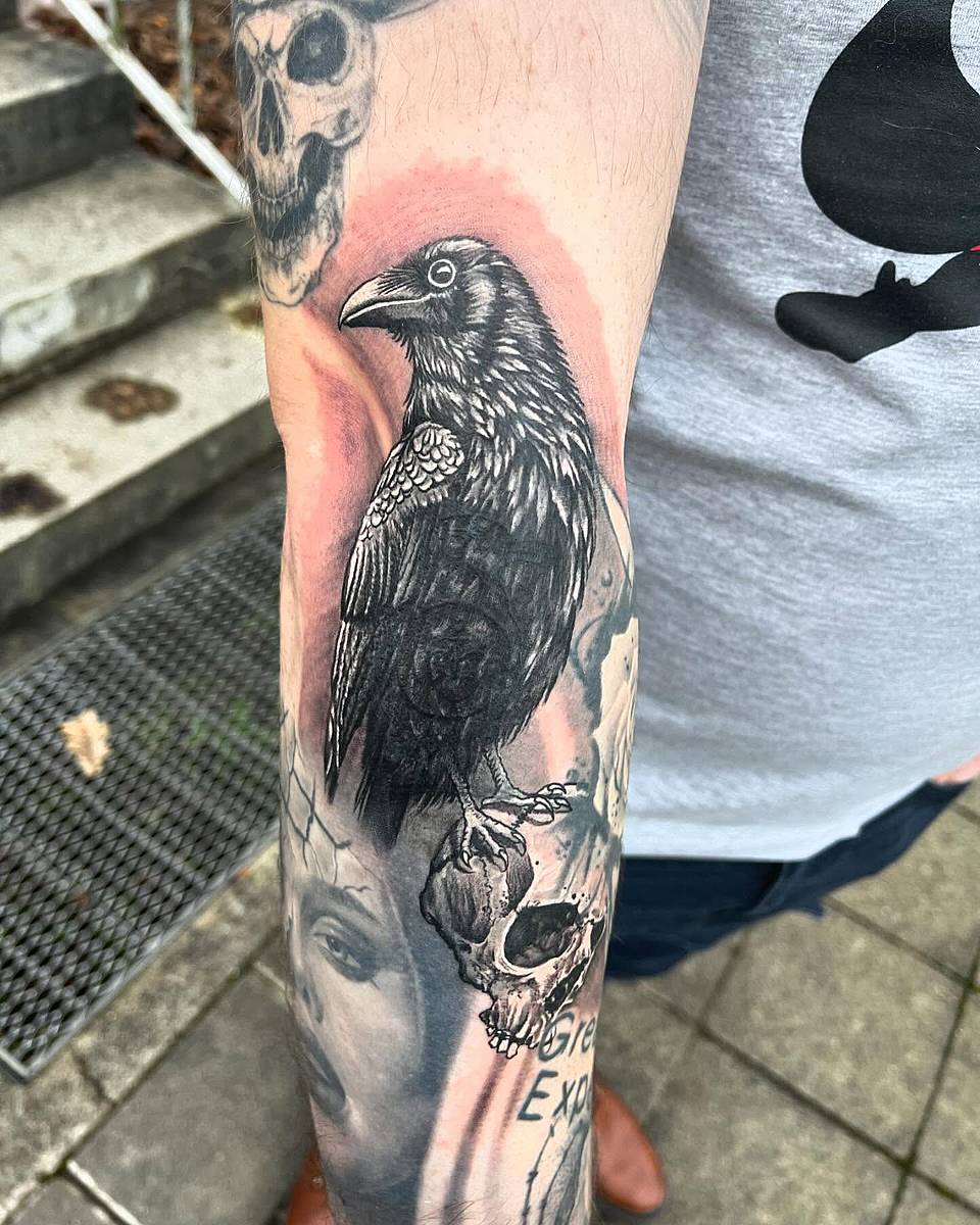 Raven Perched on Skull