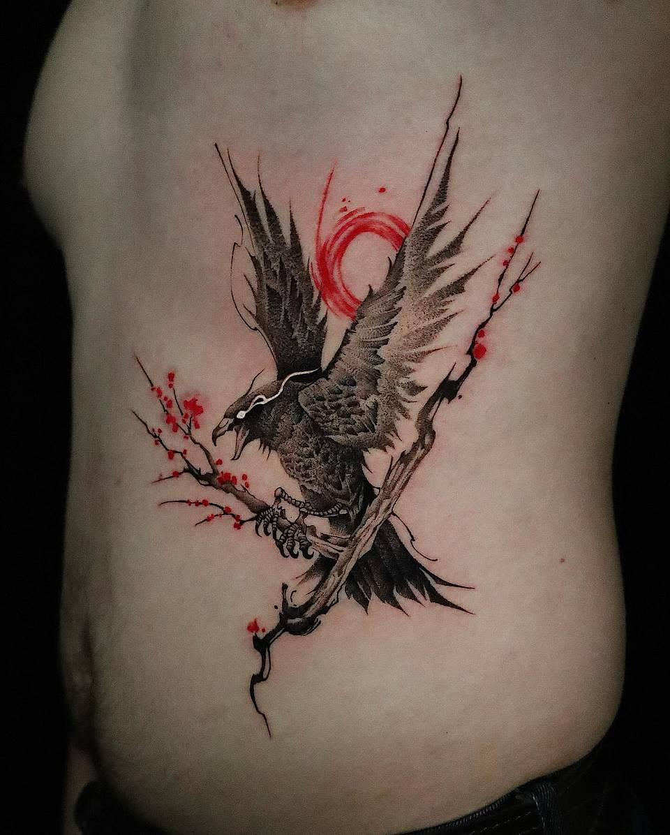 Raven with Crimson Enso and Cherry Blossom