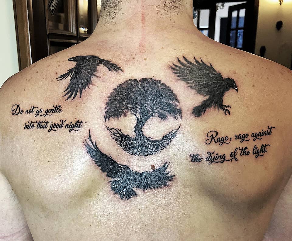 Ravens and Tree of Life with 'Do Not Go Gentle' Quote