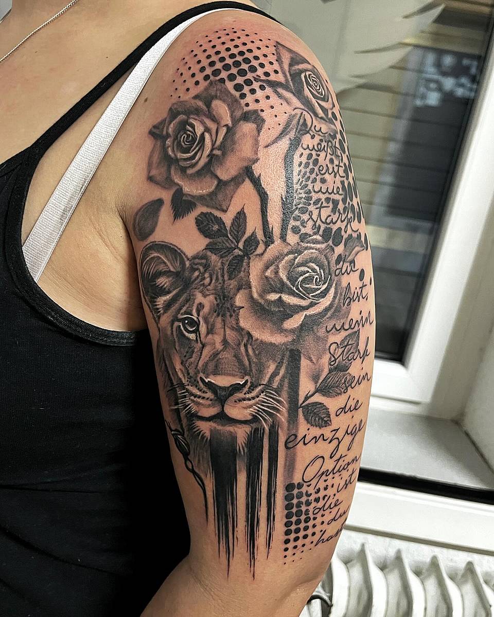Regal Lion and Roses Half-Sleeve