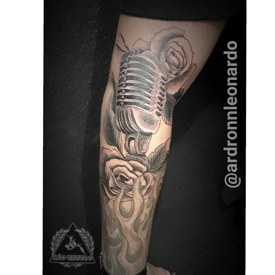 Retro Microphone with Roses and Flames