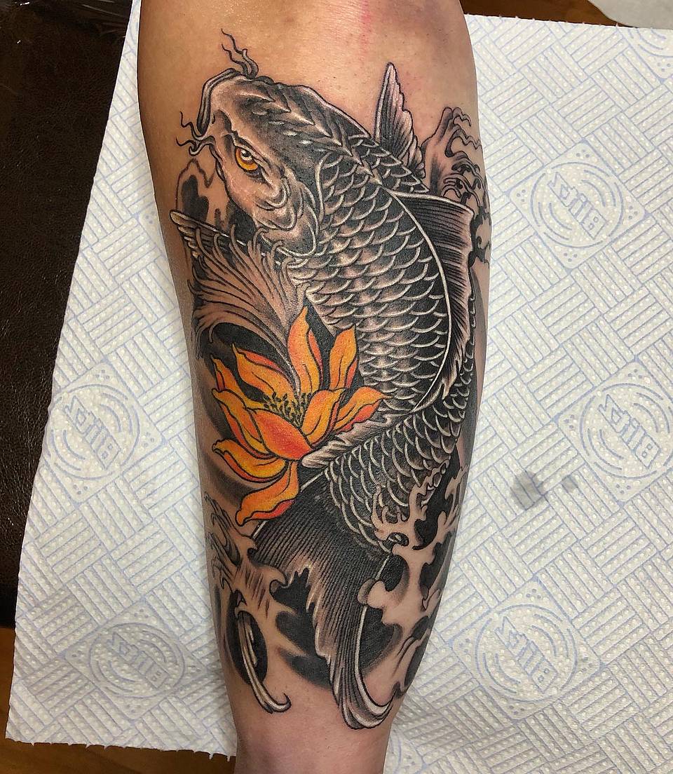 Rising Black Koi with Lotus