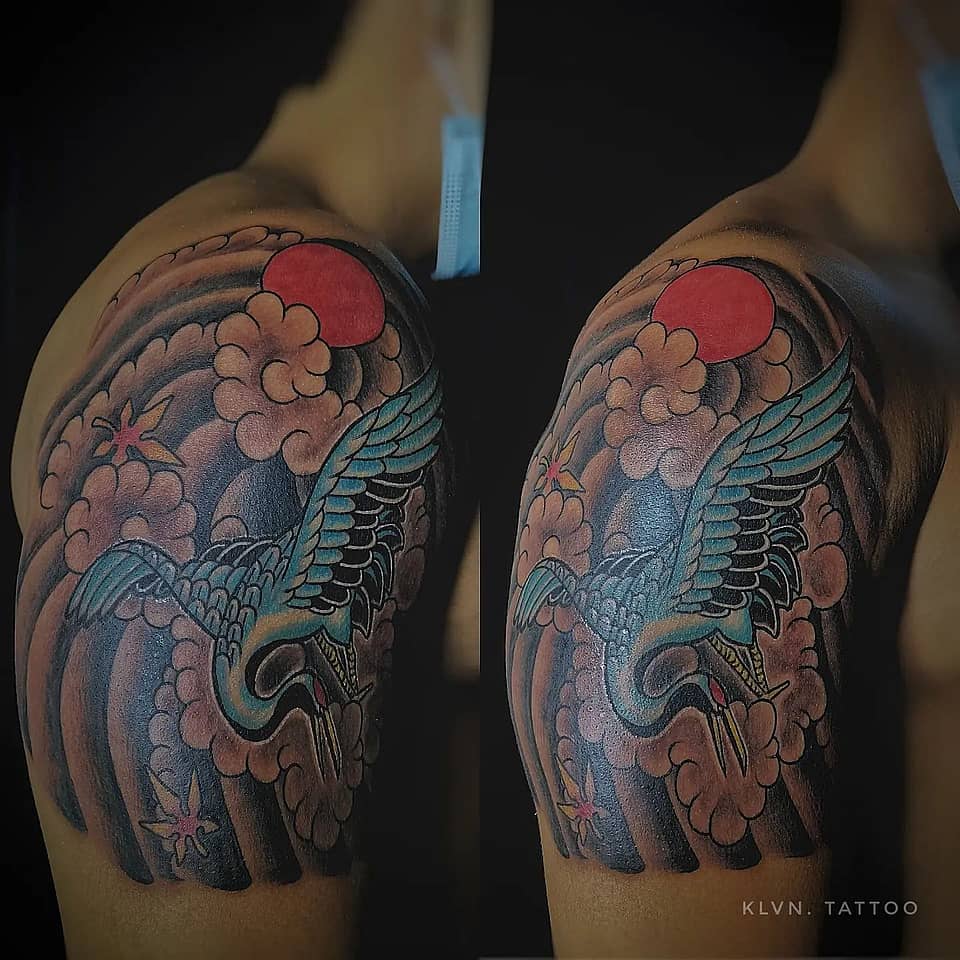 Rising Crane and Red Sun