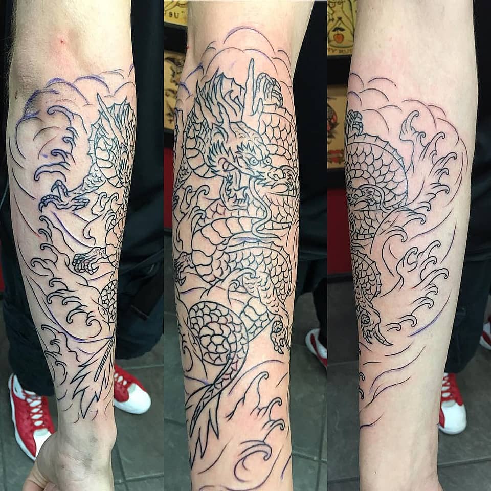 Rising Dragon and Waves Outline