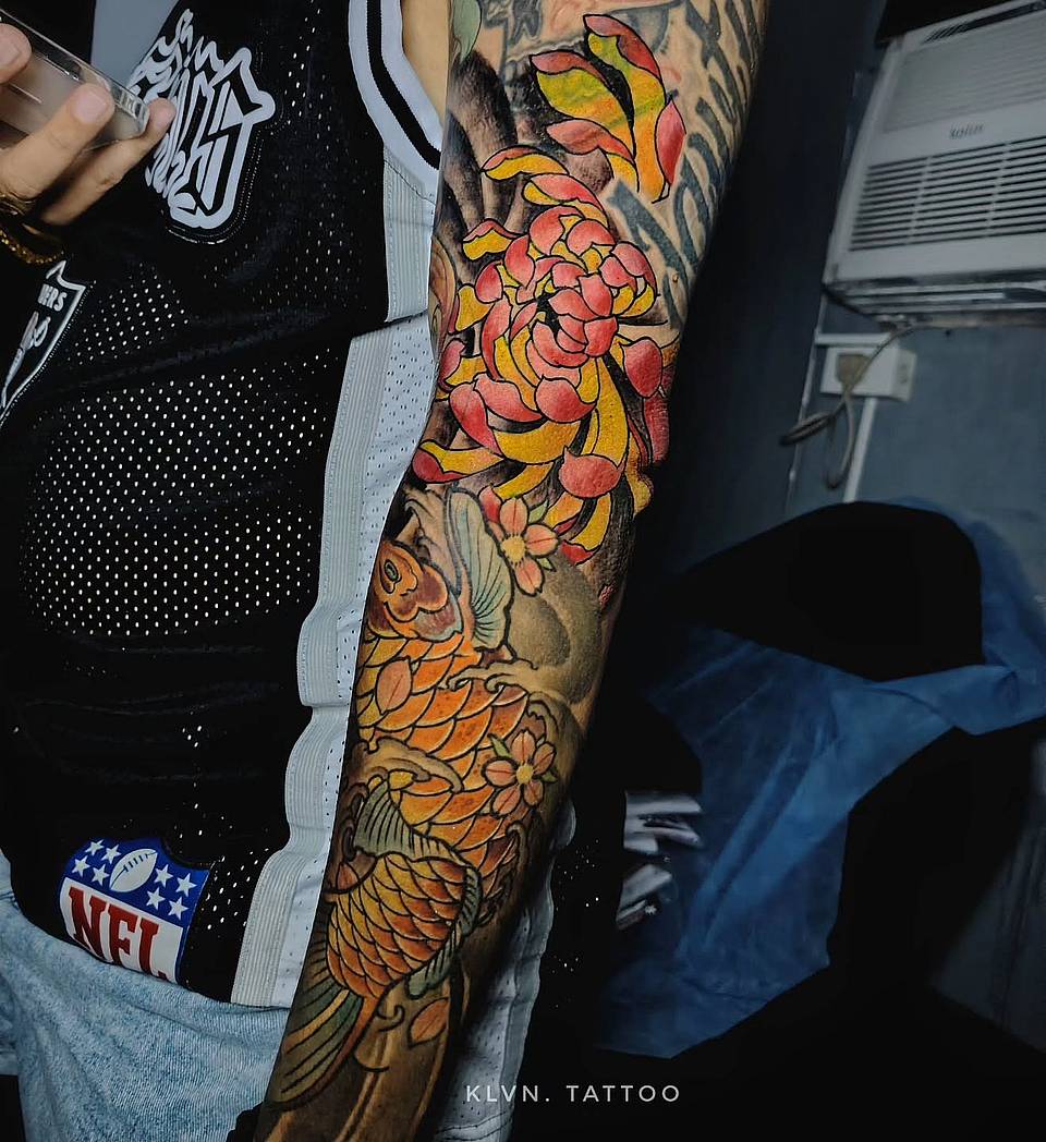 Rising Koi and Chrysanthemum
