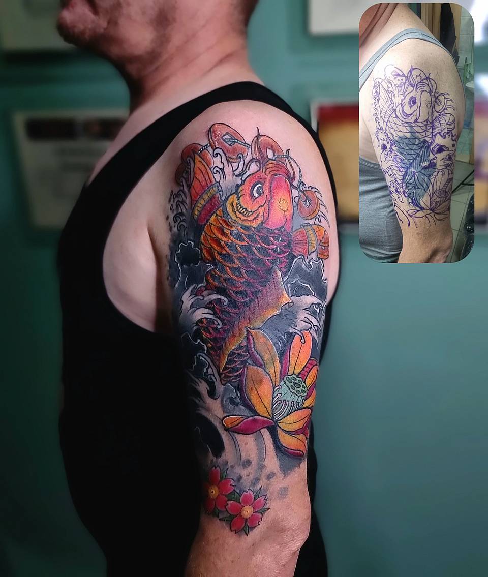 Rising Koi and Lotus Half Sleeve