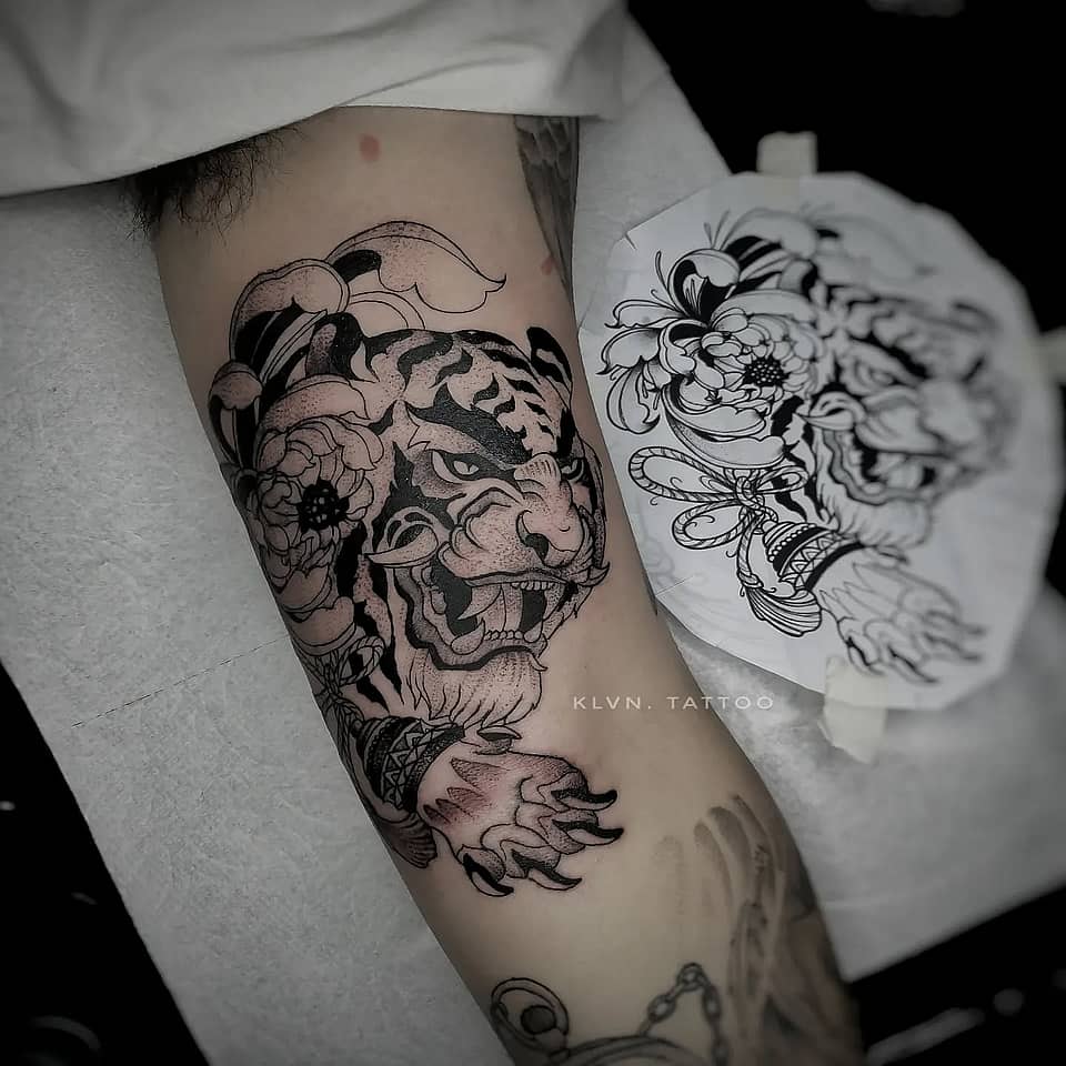 Roaring Tiger and Peonies