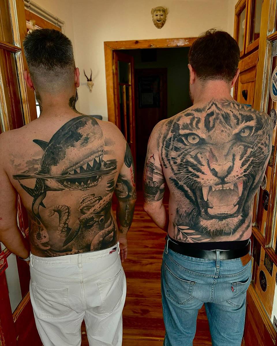 Roaring Tiger & Ocean Predator Full-Back Tattoos