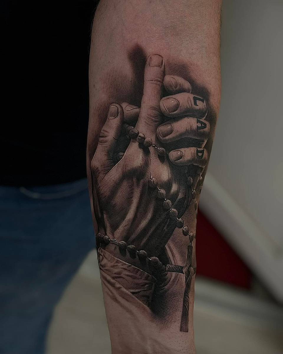 Rosary Prayer — Black-and-Grey Realism