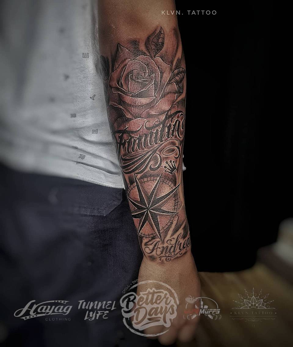 Rose and Compass Script Forearm Sleeve