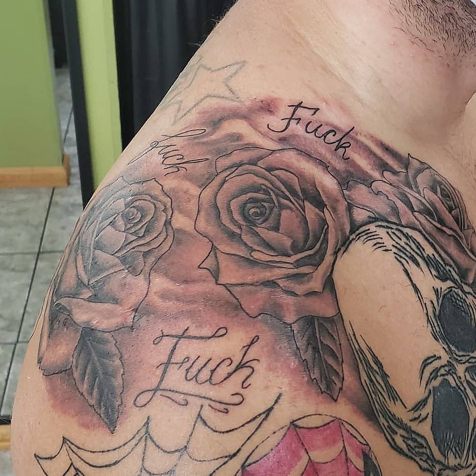 Roses, Skull, and Script