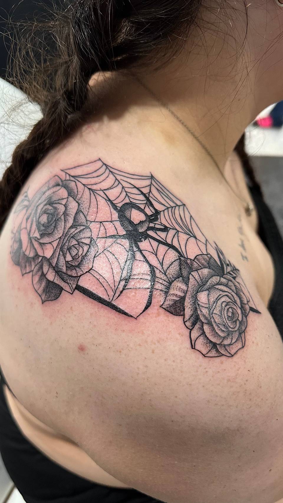 Roses & Spiderweb Shoulder Tattoo