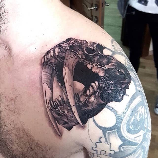 Saber-Tooth Skull Shoulder Tattoo