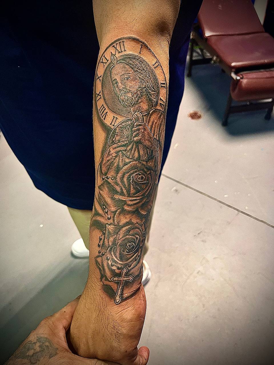 Sacred Time — San Judas wrapped with Roses & Rosary