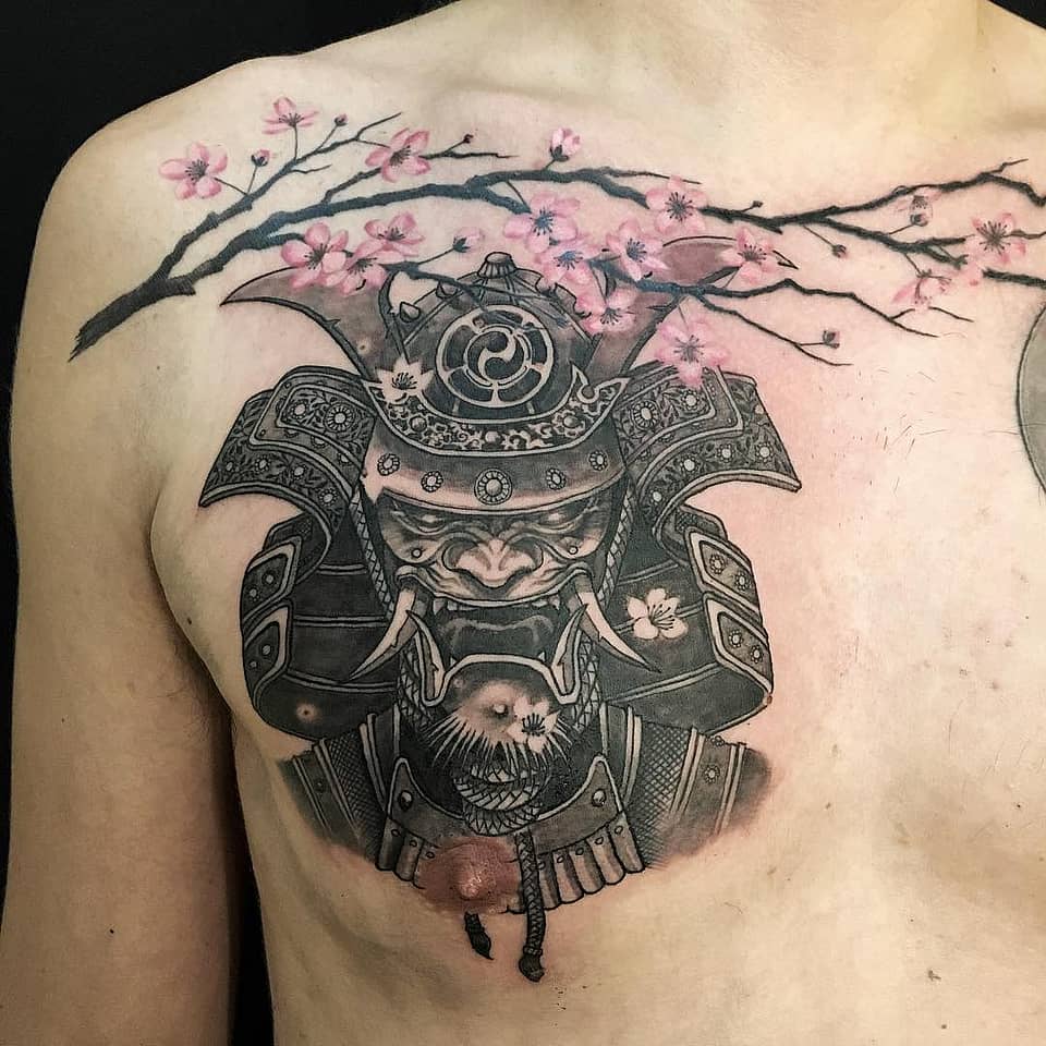 Samurai Mask with Cherry Blossoms