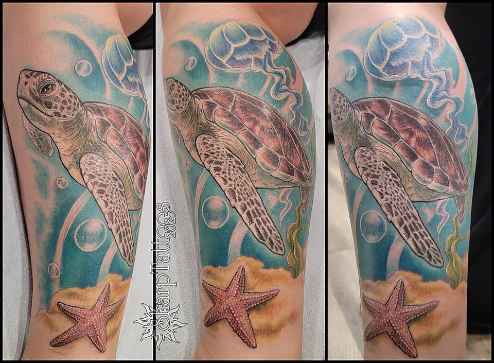 Sea Turtle , Jellyfish & Starfish Underwater Tattoo