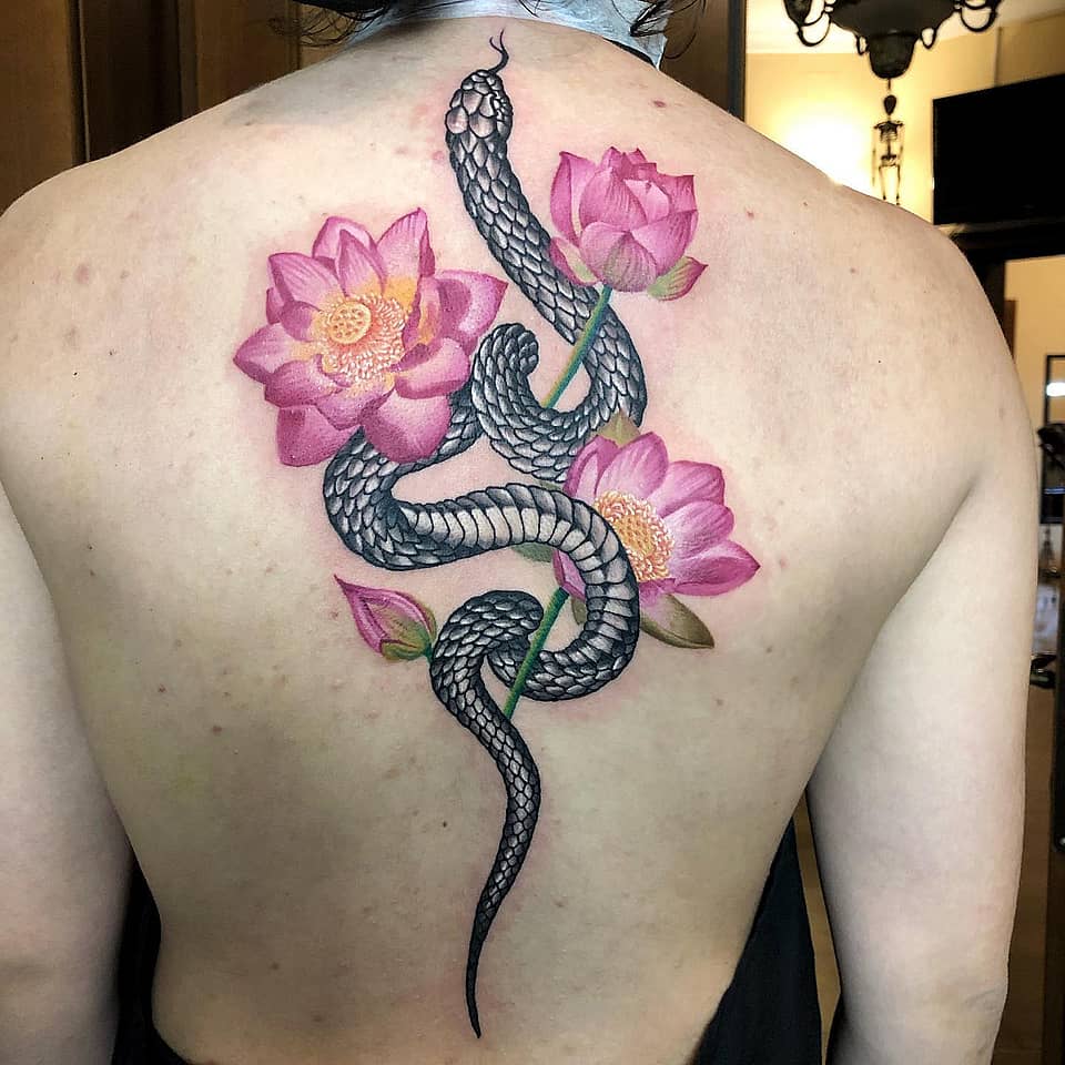 Serpent and Lotus Back Tattoo